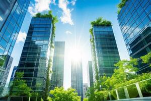 Eco-friendly building in the modern city. Sustainable glass office building with tree for reducing carbon dioxide. Office building with green environment. Corporate building reduce CO2. Generative AI. photo