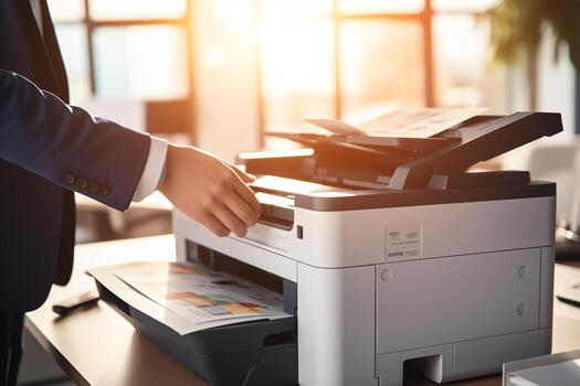 Businessman print paper on a multifunction laser printer in business office. Document and paperwork. Secretary work. Copy, print, scan, and fax machine. Print technology. Photocopy. Generative AI. photo