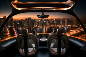 Air taxi window view of city at night. Air vehicle. Personal air transport. Autonomous aerial taxi. Flying car. Urban aviation. Futuristic technology. Electric VTOL passenger aircraft. Generative AI. photo