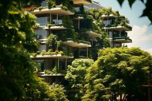 Sustainable green building in modern city. Green architecture. Eco-friendly building. Sustainable residential building with vertical garden reduce CO2. Apartment with green environment. Generative AI. photo