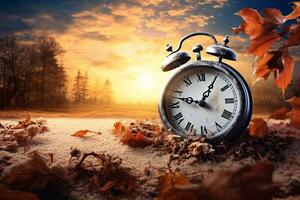 luz ahorro tiempo. alarma reloj y naranja color hojas en de madera mesa. otoño tiempo. otoño hora cambiar. otoño hojas otoño y invierno enfoques, el concepto de luz ahorro tiempo. generativo ai. foto