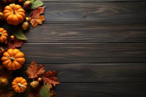 acción de gracias antecedentes. parte superior ver negro madera mesa decoración desde calabaza, rojo baya, seco hojas con Copiar espacio. otoño y otoño temporada antecedentes. acción de gracias día o Víspera de Todos los Santos concepto. generativo ai. foto