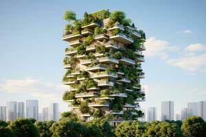 Sustainable green building in modern city. Green architecture. Eco-friendly building. Sustainable residential building with vertical garden reduce CO2. Apartment with green environment. Generative AI. photo