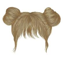 two buns  hairs with fringe  blond colors . women fashion beauty style . vector