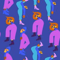 Vector seamless pattern with dancing disco people wearing colorful clothes, 80s vintage style pattern. Retro party background