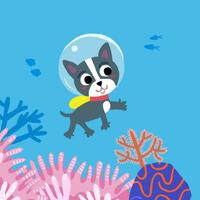 Cute children's illustration with the dog diving along coral reefs, cute dog character. Underwater children's scene vector