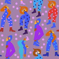 Vector seamless pattern with dancing disco people wearing colorful clothes, 80s vintage style pattern with polka dots. Retro party background