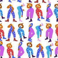 Vector seamless pattern with dancing disco people wearing colorful clothes, 80s vintage style pattern. Retro party background