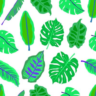 Vector seamless pattern with neon green tropical leaves on white