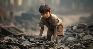 un menor de edad niño es trabajando en duro condición mundo día en contra niño labor ai generativo foto