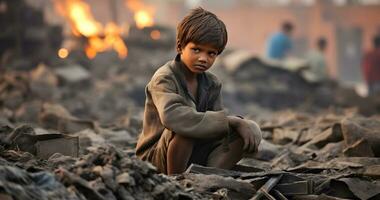 un menor de edad niño es trabajando en duro condición mundo día en contra niño labor ai generativo foto