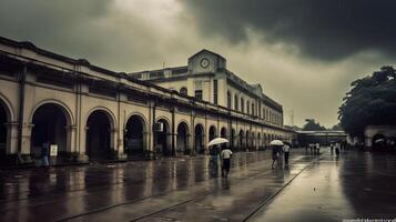 antiguo ferrocarril estación edificio personas caminando en el lluvia con paraguas foto