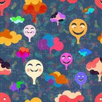 Seamless Cloud Tree and Happy Face Pattern - Grunge Style vector