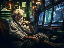 an old man sitting at a desk with multiple screens, an old man sitting at forex stock market trading terminal ai generative photo