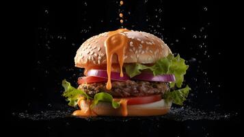 un hamburguesa con queso, lechuga y tomate en un negro antecedentes ai generativo foto