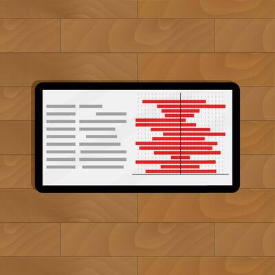Tablet with red chart info. Annual info progress on display, vector illustration