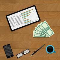 Tablet with chart and graph, vector research financial document illustration