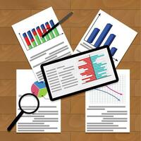 Financial work with charts and infographic, analytics vector graph and annual result illustration