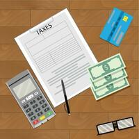 Finanzas impuesto y crédito tarjeta máquina, contabilidad negocio en de madera mesa. vector ilustración
