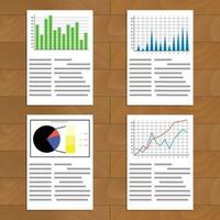 Set of documents with graphics and charts. Infochart and infographic, market analysis and development. Vector illustration