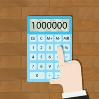 Use calculator in workplace. Man hand calculator, calculate money and home budget. Vector illustration