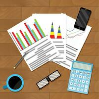 Document with diagram and graph on table. Research finance annual report. Vector illustration