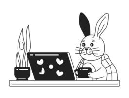 Blanket covered rabbit near laptop black and white cute chill lo fi wallpaper. Movie night linear 2D vector cartoon character illustration, monochrome lofi anime background. Bw 90s kawaii aesthetic