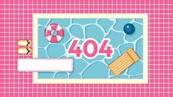 Swimming pool error 404 flash message. Lounge zone. Pool party. Website landing page ui design. Not found cartoon image, cute vibes. Vector flat illustration concept with kawaii anime background