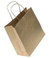 Large disposable brown kraft paper bag with handles isolated on white background, eco packaging, zero waste photo