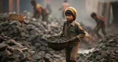 un menor de edad niño es trabajando en duro condición mundo día en contra niño labor ai generativo foto