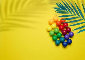 Abstract background with multi-colored plastic balls on a yellow background, a stage for the demonstration of cosmetics and products photo