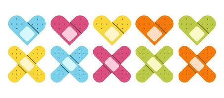 Flat cute set of band aids illustrations with hearts. vector