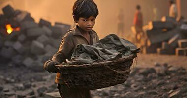 un menor de edad niño es trabajando en duro condición mundo día en contra niño labor ai generativo foto