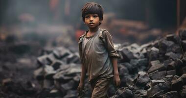 un menor de edad niño es trabajando en duro condición mundo día en contra niño labor ai generativo foto