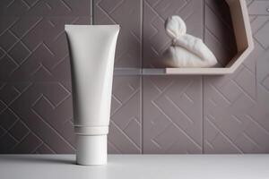 A mock-up of a tube of white cream with a lid is on the shelf. photo