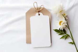 A mock - up of a white and brown empty tag with a rope. photo