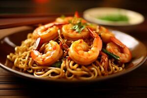 Pasta with shrimp and herbs in a plate. photo