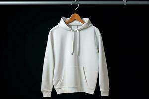 Mock-up of a white hoodie with a hood and pocket hangi. AI Generativeng photo