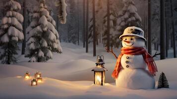 A snowman with flashlights stands in the snow in the forest. photo