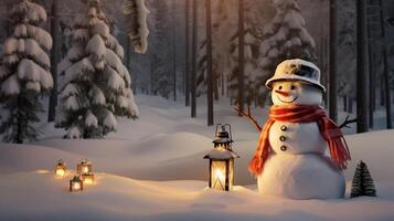 un monigote de nieve con linternas soportes en el nieve en el bosque. ai generativo foto