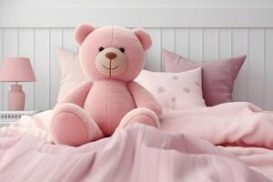 Teddy bear sitting on the bed. photo