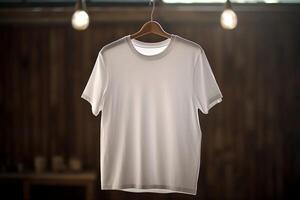 A white T-shirt is hanging on a hanger.. photo