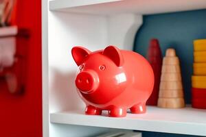 Piggy bank is on the shelf. AI Generative photo