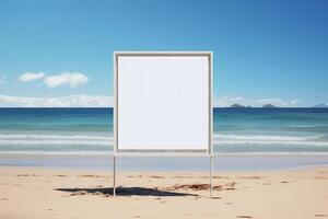 Mock up white outdoor advertising poster on the beach. photo