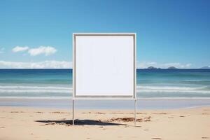 Mock up white outdoor advertising poster on the beach. AI Generative photo