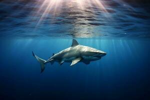 el tiburón es nadando en el agua. refracción de luz de sol. ai generativo foto