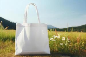 Mock-up of a white cloth bag on the grass. AI Generative photo