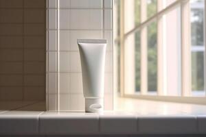 A mock-up of a tube of white cream with a lid is on the shelf. photo