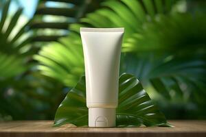 A mock-up white tube for cream on the background of palm leaves. photo