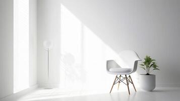 A white chair stands in a white room near the window.. photo